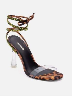 Larroude Leopard-Print Ankle-Tie Sandal with Green Crystal Wrap